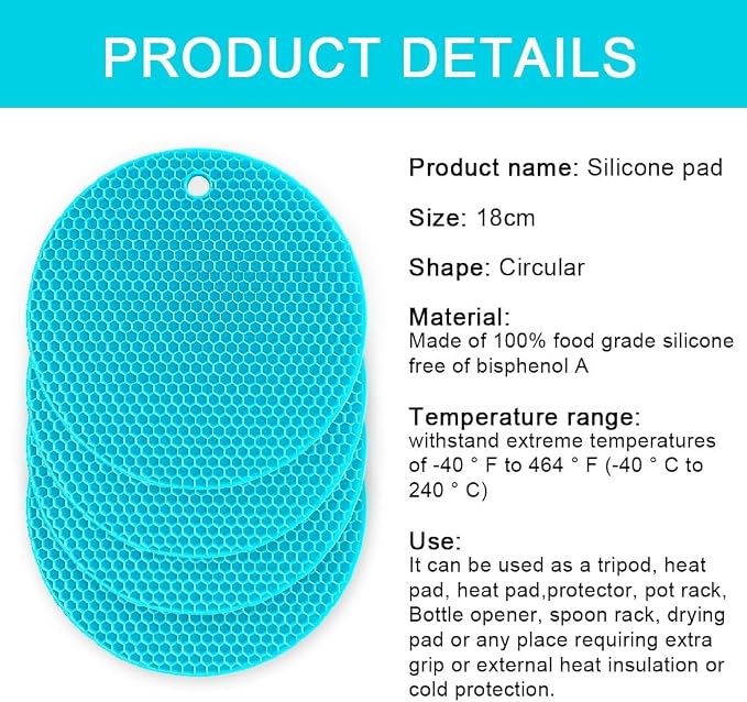 7-Inch Round Silicone Trivet Mats - 4-Pack Non-Slip Heat Resistant Hot Pads for Kitchen Countertops, Pots and Pans (Blue)