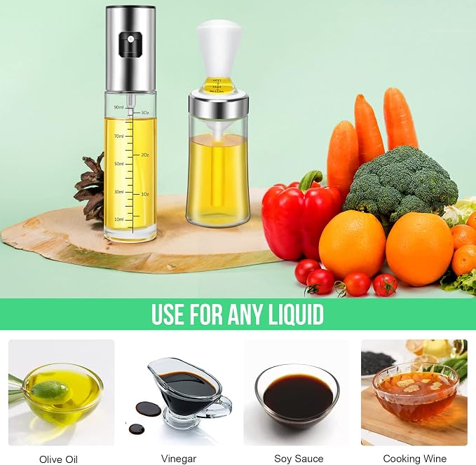 Olive Oil Sprayer and Dispenser with Silicone Brush for Cooking, Spray Bottle Set, Glass Dispenser, Mister, Salad, BBQ, Kitchen Baking, Roasting, Air Fryer, 2 Pack, (KP02)