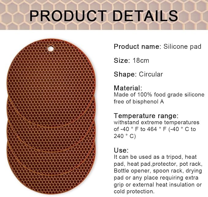 7-Inch Round Silicone Trivet Mats - 4-Pack Non-Slip Heat Resistant Hot Pads for Kitchen Countertops, Pots and Pans (Coffee)