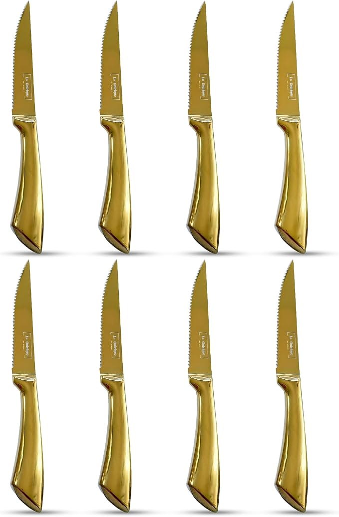 8-Piece Gold Steak Knife Set, Mirror Polished 5Cr15 Stainless Steel Steak Knives, Serrated Blades, Luxury Gold Table Knives for Dining & Kitchen