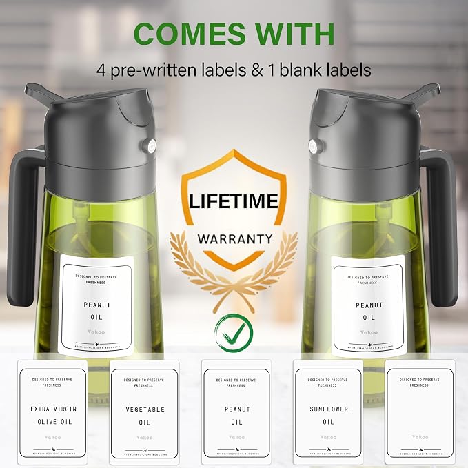 Vakoo Oil Sprayer for Cooking, 2 in 1 Oil Dispenser for Kitchen, 16oz/470ml Light-Blocking Dark Glass Olive Oil Spray Bottle, Air Fryer, Salad & BBQ (Black&Black)