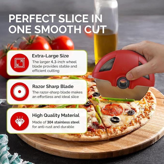UHIYEE Palm-Grip Pizza Cutter Wheel with Protective Blade Guard, 4.3" Detachable Stainless Steel Pizza Slicer for Deep Dish Crusts, Easy Cleaning, Red