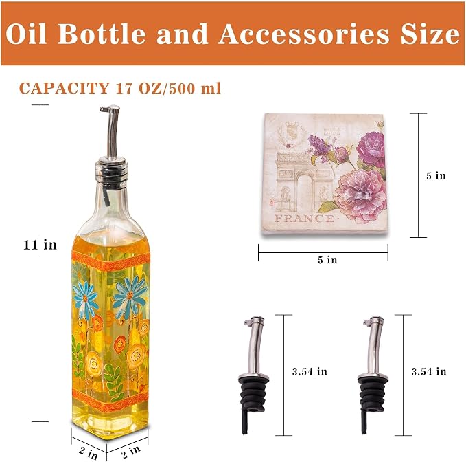 Topadorn Set of 2 Floral Olive Oil Dispenser Bottles, 17oz Decorative Glass Oil & Vinegar Cruet Set with Pour Spouts, Refillable Kitchen Countertop Dispensers