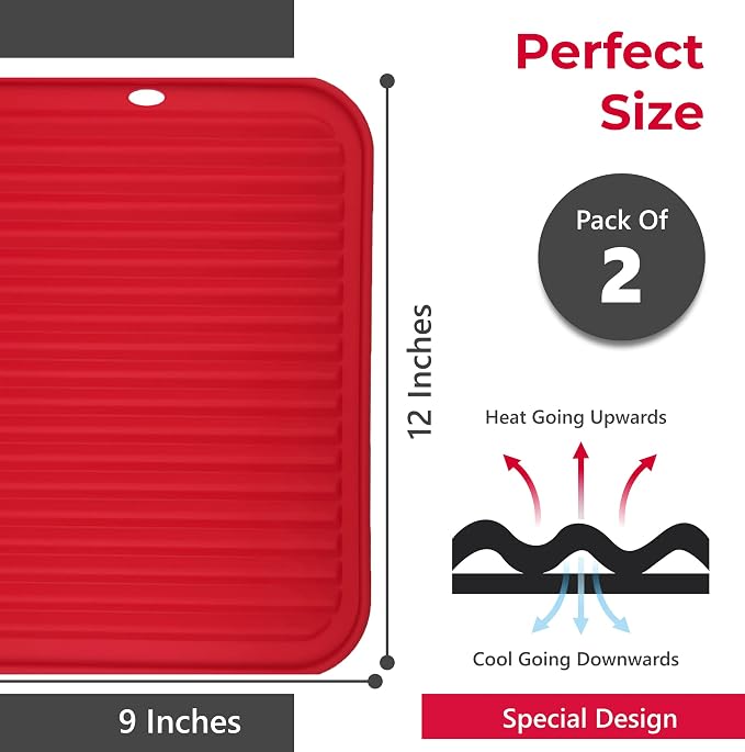Silicone Trivets for Hot Dishes, Pots, Pans (2 Pack) - Heat-Resistant Pot Holders for Kitchen Countertop Mats - Silicone Trivet Mat (9 x 12 Inch) - Multipurpose Counter Pads (Red)