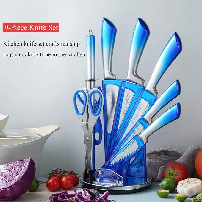 Kitchen Knife Set, 9Pcs Blue Knife Set with Rotation Block, Ergonomical Handle,Non Stick Sharp Stainless Steel Chef Knife Block Set for Home Cooking Gift