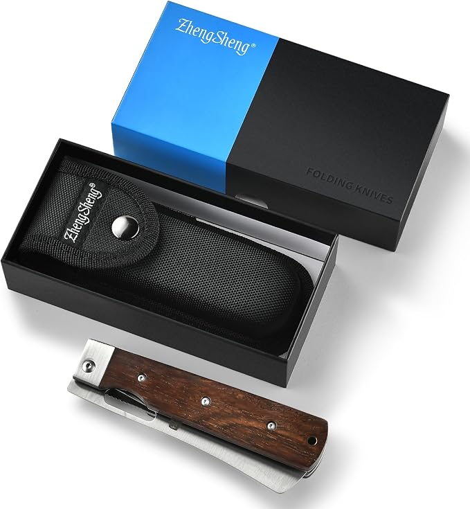 ZhengSheng Folding Chef Knife with Nylon Pouch 4.8" Sharp 440A Stainless Steel Blade Wooden Handle Pocket Foldable Japanese Style Kitchen Knife for Outdoor Camping Cooking