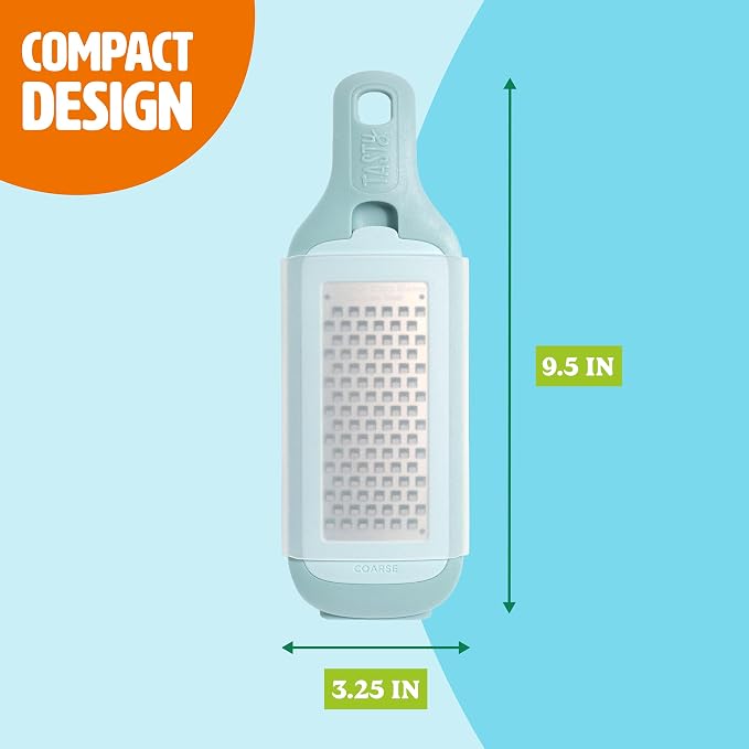 Tasty Interchangeable Grater with Storage Box, Includes Coarse & Fine Stainless Steel Blades, Non-Slip Base for Stability, Dishwasher Safe, Aqua