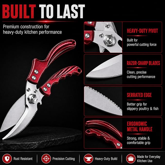 Heavy Duty Poultry Shears, Stainless Steel Kitchen Shears for Chicken, Turkey, Meat & Fish, Detachable Bone Scissors with Serrated Blade, Ergonomic Handle, Dishwasher Safe, Red