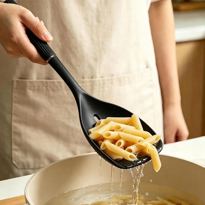 2 Pack Silicone Cooking Spoon Spatulas, 13Inch Non Stick Large Rubber Solid Slotted Spoon Set for Mixing, Draining, Scraping, Heat Resistant Kitchen Utensils, Black