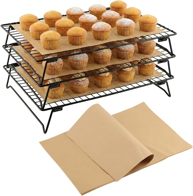 Cooling Racks for Cooking and Baking, 3-Tier Heavy-Duty Wire Cooling Rack | Bread Pie Waffles Roast Cookie Stackable Cooling Racks 10"x13.5", Oven and Dishwasher Safe, 50 Parchment Paper Included