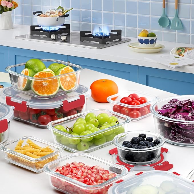 VERONES 30 Pieces Glass Food Storage Containers Set with Lids, Red | Stackable Glass Meal Prep Containers Set with Lids, Airtight Lunch Containers, for Microwave, Oven, Freezer & Dishwasher