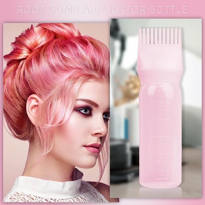 2Pack Root Comb Applicator Bottle - 6 Oz Hair Oil Applicator, Dye Bottle Tools with Oil Dispenser & Root Comb Brush - Pink