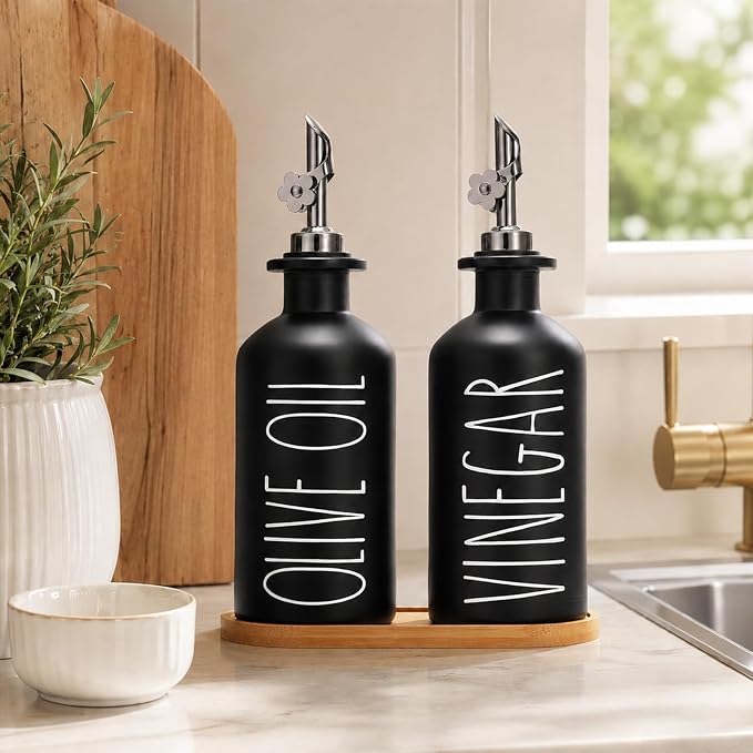 HOMCDALY Premium Olive Oil Dispenser for Kitchen, 11.8oz Glass Oil Bottles with Bamboo Tray, Black Oil&Vinegar Cruet Set, Kitchen Dispenser Bottles with Pourer | Set of 2 (11.8oz –P–Black)