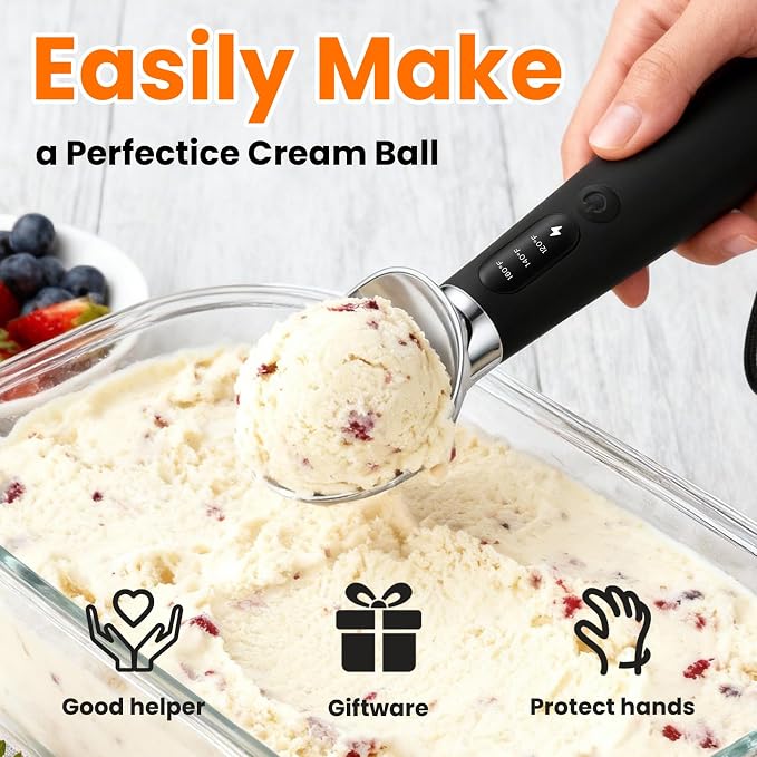 Electric Ice Cream Scoop, Heated Ice Cream Scoop Rechargeable with 3-Level Heat 120-160℉, LED Display, IP67, 2600mAh Battery, For Hardened Ice Cream, Gelato, Shop & Home Use