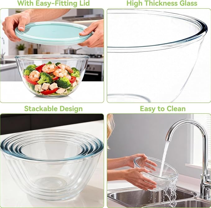 YUANYE 4 Pack Glass Mixing Bowls with Lids Set (3QT/1.7/0.9/0.6QT),Thick Glass Large Salad Bowl Set, Nesting Kitchen Bowls for Serving, Prepping, Cooking and Baking, Dishwasher, Oven,Microwave Safe