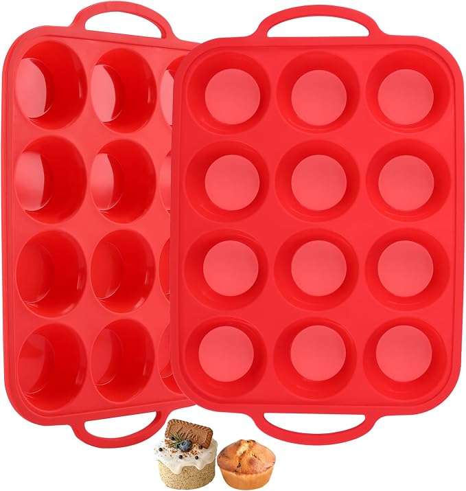 Redfly Silicone Muffin Pans for Baking 12 Cup with Metal Reinforced Frame, Nonstick 2Pack Regular Size Cupcake Pan, BPA Free Food Grade, Easy Release, Dishwasher Oven Freezer Safe for Egg Bite Molds