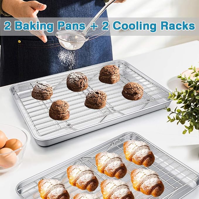 P&P CHEF 16 Inch Baking Sheet with Rack Set, Pans with Stackable Racks | 2 Baking Sheets + 2 Cooling Wire Racks, Dishwasher & Oven Safe, Non-toxic & Lasting Use, Fit for Regular Oven