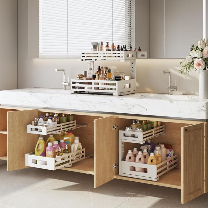 L-Shaped Metal Under Sink Organizer, 2-Tier Double Pull-Out Cabinet Organizer for Kitchen & Bathroom Storage, Height Adjustable, Smooth Cylinder Rail, White, 2 Packs