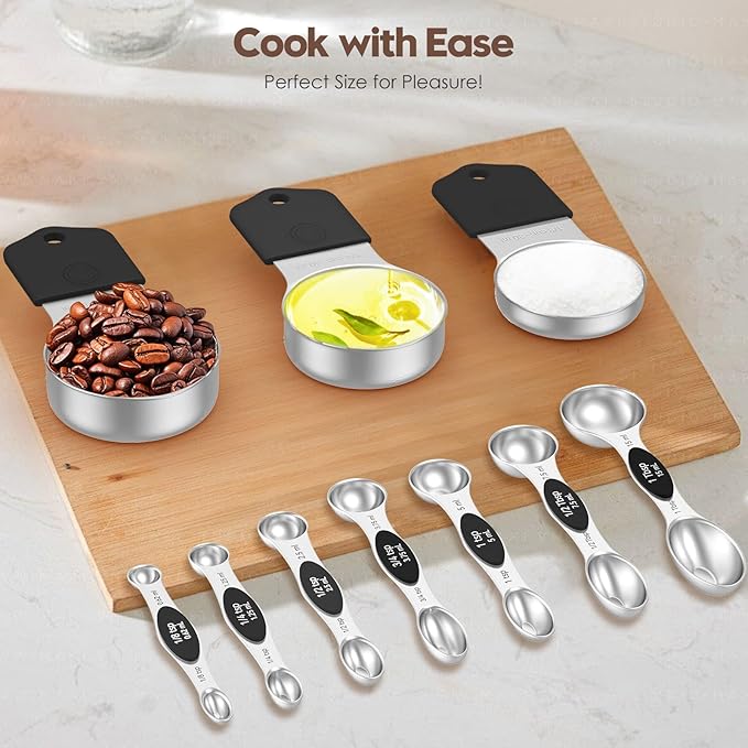 Magnetic Measuring Cups and Spoons Set – 304 Stainless Steel | Dual-sided Design | 15-Piece with Leveler | N52 Space-Saving Magnetic Nesting | Baking & Meal Prep | Kitchen Gift (Black)