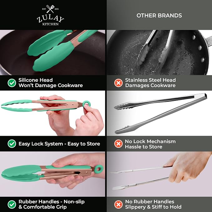 Zulay Stainless Steel Kitchen Tongs with Silicone Tips - Set of 2 (9” & 12”) Locking Cooking Tongs with Non-Slip Grip - Heat Resistant, BBQ Food Tongs for Non-Stick Cooking Pans (Rose Gold/Mint)