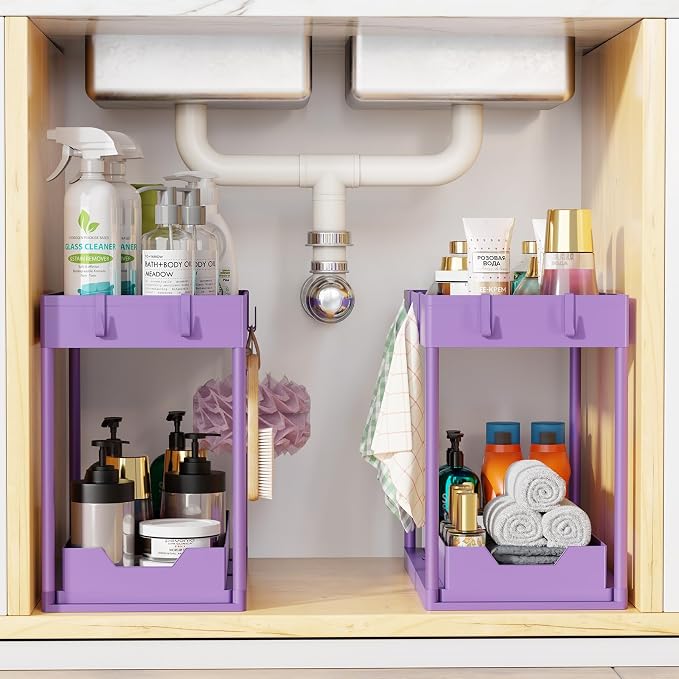 Simple Trending Under Sink Organizer 2 Pack, with Sliding Drawer, Purple | 2-Tier Multi-Use Under Shelf Organizer with Hooks, Sink Pull-Out Sliding Storage Cabinet for Kitchen Bathroom, Easy Assembly
