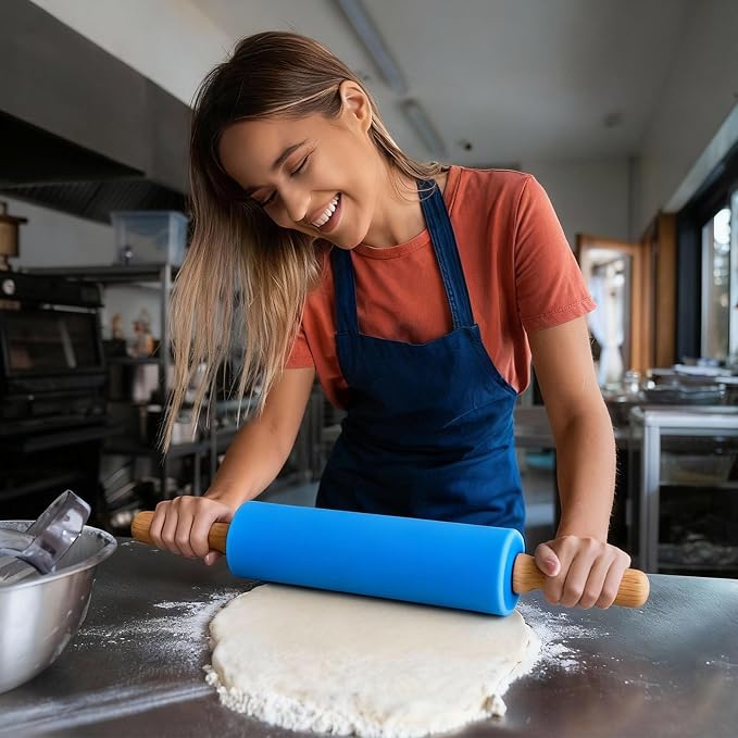 uxcell Rolling Pins for Baking, 9 Inch Silicone Non-Stick Rolling Pin Baking Roller Wooden Handle for Home Kitchen Dough Cookies Pastry, Red
