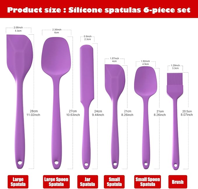 Heat Resistant Silicone Spatulas Set 6pcs, Seamless Design Non-Stick Mixing Spatulas with Stainless Steel Core, Premium BPA-Free Rubber Spatula Baking Cooking Utensile for Home Kitchen BBQ (purple)