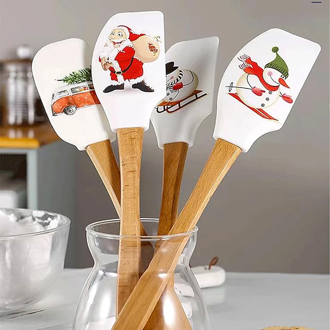 Silicone Spatula, Caliamary 3 Pieces Kitchen Silicone Spatula Set, Christmas Cake Decorating Spatula with Wooden Handle, Snowman Gingerbread Man and Santa Claus Pattern… (Santa Claus)