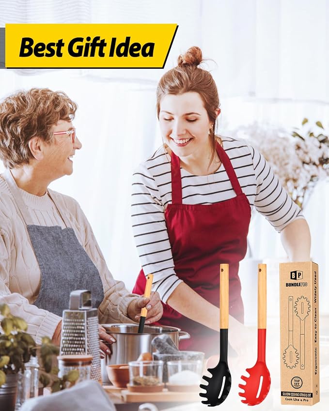 Pack of 2 Spaghetti Spoon, Silicone Pasta Fork with Wooden Handle, Heat Resistant Noodle Spoon Server, BPA Free Spaghetti Strainer(BLACK-RED)