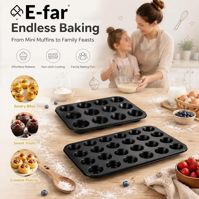 E-far Muffin Pan Set of 2, Regular 12-Cup & Mini 24-Cup Cupcake Pan | Nonstick Carbon Steel Muffin Tins for Easy Release, 2 Sizes for Baking Muffins & Cupcakes, Warp-Free & Even Baking, Oven Safe