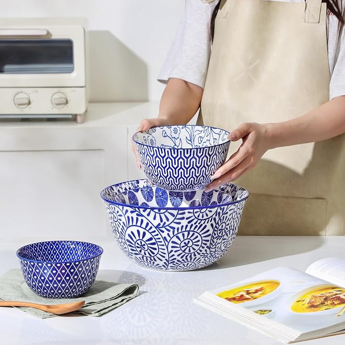Selamica Ceramic Mixing Bowls, Nesting Bowls Set of 4 for Mixing, Baking, Prepping, Cooking, Salad, 20/36/60/123 oz, Microwave & Dishwasher Safe, Vintage Blue