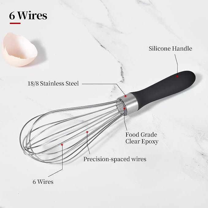 18/8 Stainless Steel Balloon Whisk for Cooking (Small, Black) | Heavy Duty Metal Kitchen Wire Whisker Wisking Tool Egg Beater Hand Mixer for Mixing Baking Beating Stirring Sauce Flour