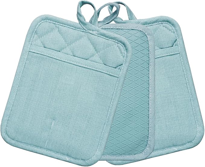 Pot Holders Yarn-Dyed Set of 3 Non Slip Silicone Kitchen Lines Heat Resistant 500℉ Kitchen Gloves BBQ Cooking Baking Cooking Barbecue Microwave Machine Washable (Light Blue Potholders)