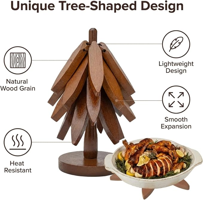 Wooden Trivets for Hot Dishes – Tree Trivet Set with 4 Foldable Wooden Trivets & 1 Stand, Heat-Resistant, Space-Saving Trivet Tree for Pots, Bowls & Teapots (Walnut)