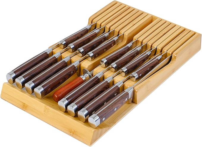 Bamboo Kitchen Drawer Knife Holder, In-drawer Knife Block, Knife Drawer Organizer fit for 16 knives and 1 steel sharpening