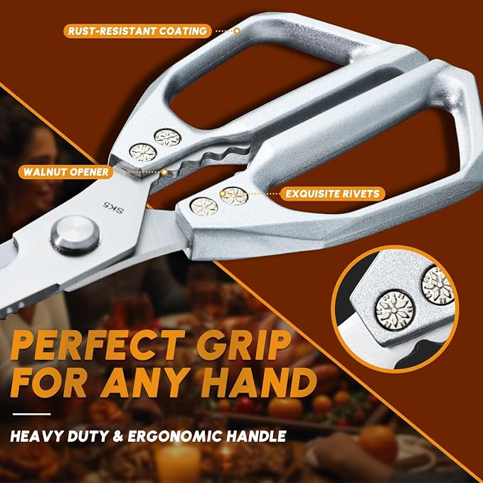 Kitchen Scissors and Cooking Tong Set - Silver Kitchen Shears for Food with Stainless Steel BBQ Tongs, Japanese Style Dishwasher Safe Meat Scissors for All Purpose, Gifts for Men Women