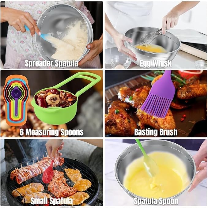 Mixing Bowls with Lids Set(Colorful-7 Sizes) | Stainless Steel,7 Sizes (0.7-4.5QT), with 3 Grater Attachments, Nesting, Dishwasher Safe, for Cooking, Baking and Serving