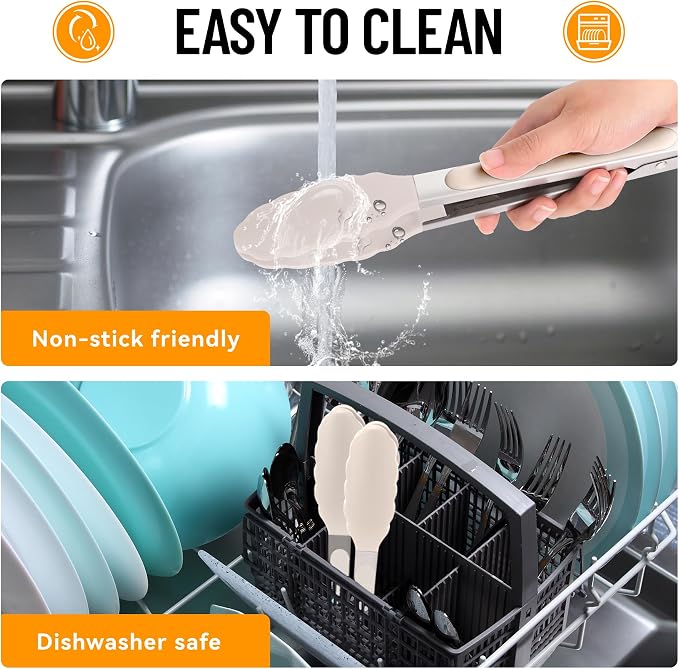 Hotec Silicone Kitchen Tongs for Cooking, 9-Inch, Set of 3, Khaki | Serving Tongs with Silicone Tips, Heat Resistance 600°F, Non-Slip Grip, Durable Spring Locking Mechanism