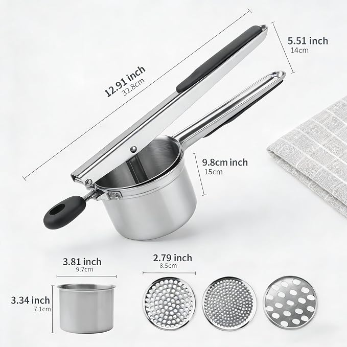 Heavy Duty Stainless Steel Potatoes Ricer and Potato Smasher - Professional Grade Kitchen Tool for Mashing Potatoes, Vegetables & Fruits - Large Capacity Press with Ergonomic Soft Grip Handles