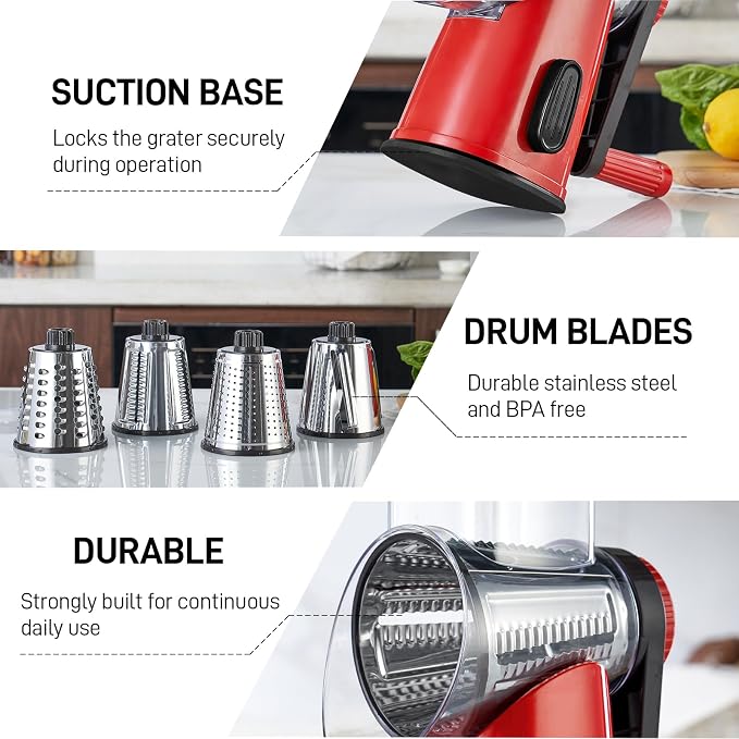 VEKAYA Rotary Cheese Grater Hand Crank with 4 Interchangeable Stainless Steel Blades, Large Manual Handle Shredder and Waffle Slicer for Vegetables, Cheese and Nuts with Table Suction Base (Red)