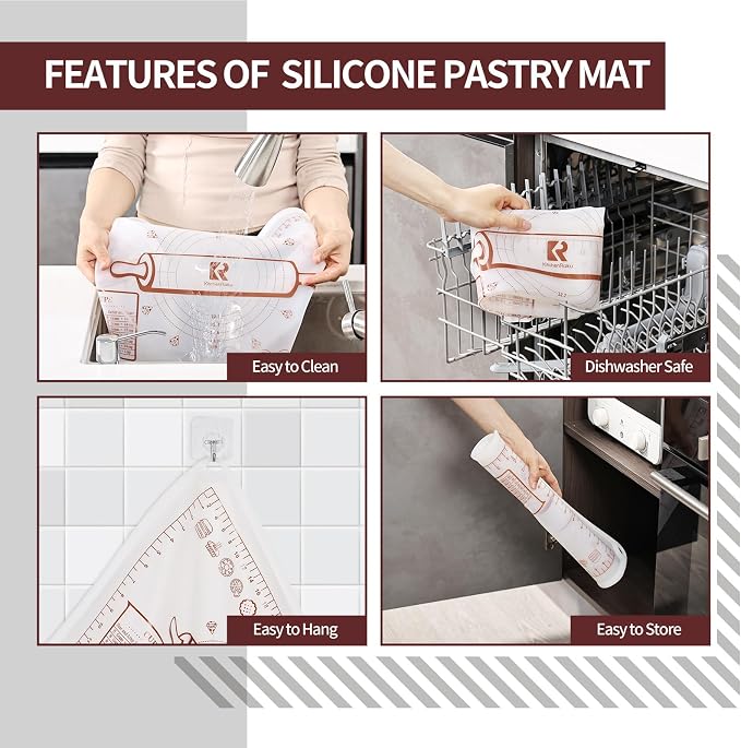 Silicone Baking Mat 16"L x 24"W, Extra Thick Dough Rolling Pad with Measurements and Edge Heightening, Non-stick Food Grade Silicone Pastry Mat for Pastry, Bread, Cookies (Transparent)