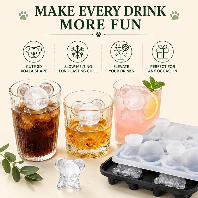 Koala Ice Cube Tray Mold - Cute Fun Whiskey Ice Molds Gifts for Women Men | 3D Koala Shape Cute Ice Molds for Whiskey Bourbon, 4-Hole Large Fun Shapes Funny Gifts, for Animals Lovers Women Men