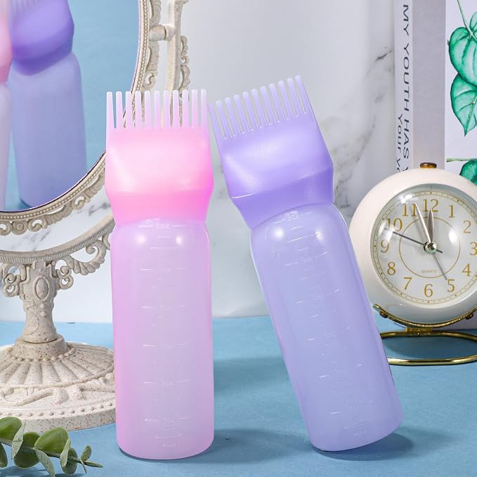 Pimoys 6Oz Root Comb Hair Dye Oil Applicator Bottles for Scalp, Pink | Plastic Squeeze Bottle Dispenser with Graduated Scale, Comb Tip Applicator For Hair Coloring Scalp Oiling, Home Salon Use