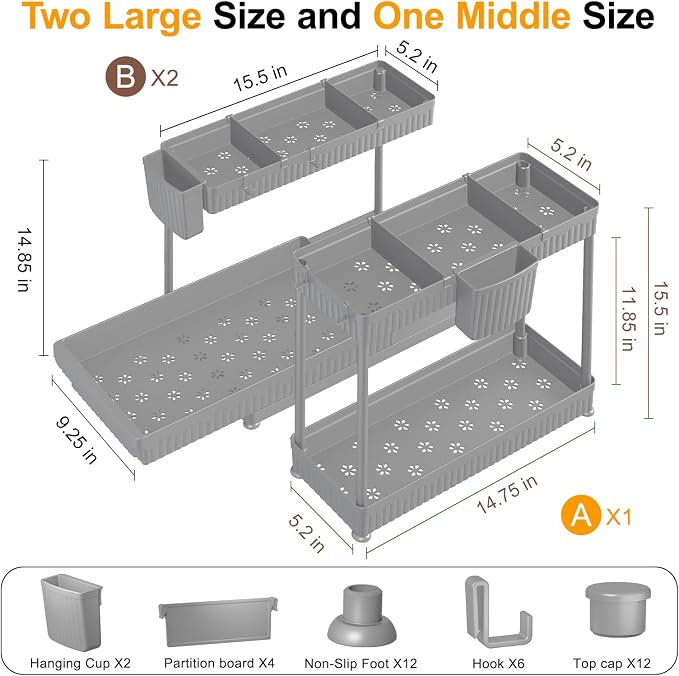 3-Pack 2-Tier L-Shaped Under Sink Organizers with Sliding Drawers | Multi-use kitchen & bathroom storage, 14.85 inch grey cabinet organizer, space-saving sliding drawer design.