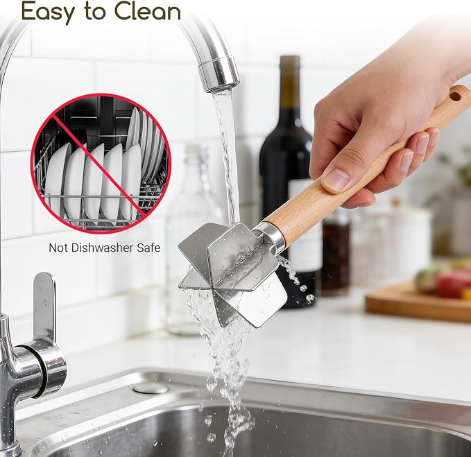Meat Masher Stainless Steel Meat Chopper, 6-Blade Ground Beef Chopper Tool with 11" Wooden Handle for Hamburger,Turkey & Potato Masher(L, Wood Handle-2pcs)