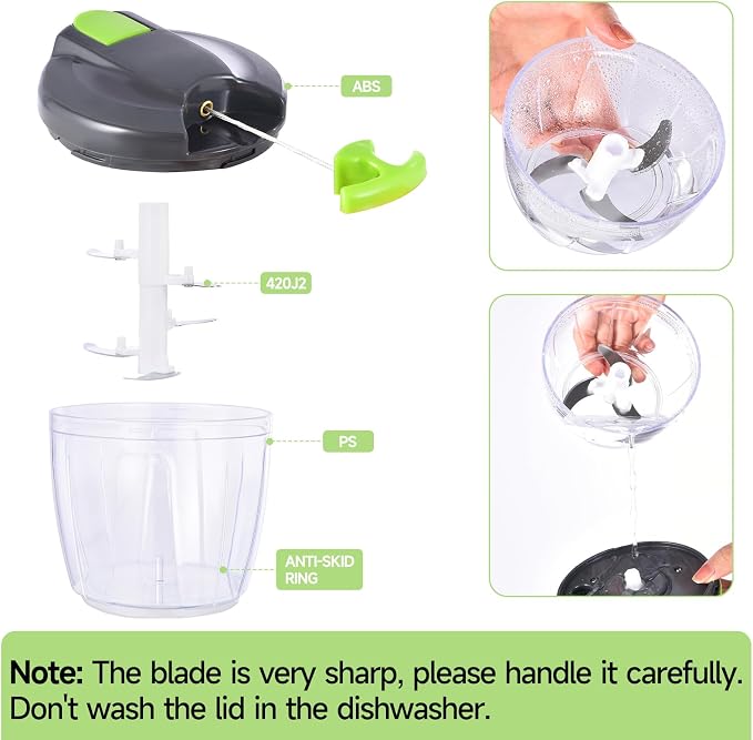 Manual Food Processor Vegetable Chopper, Portable Hand Pull String Garlic Mincer Onion Cutter for Veggies, Ginger, Fruits, Nuts, Herbs, etc., (900ml,Gray-green)