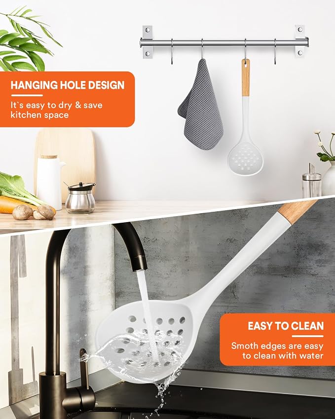 Kitchen Ladle Strainer, Large Slotted Spoon with High Heat Resistant BPA Free, Non Stick Cooking Skimmers For Draining & Frying, 13.2inch (White)