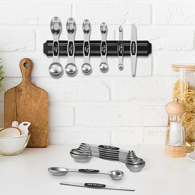Wildone Stainless Steel Magnetic Measuring Spoons with Strong Magnets, 14pc | Including 8 Double Sided Magnetic Measuring Spoons, Leveler and 5 Mini Spoons for Spice Jar and Liquid Measuring, Black
