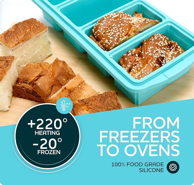 XOMOO Silicone Freezer Tray With Lid - Soup Freezer Container molds - Large Ice Cube Tray- makes 8 perfect 1 cup portions cubes, 2-Pack Freezer Storage Food Soups & Meal Prep - Oven & Dishwasher -Safe