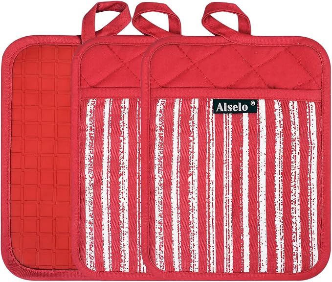 Alselo Silicone Pot Holders Set of 3 Heat Resistant & Non Slip Potholders, Professional Oven Hot Pads with Pockets Mitts for Kitchen Cooking Baking Barbecue (3, Red)